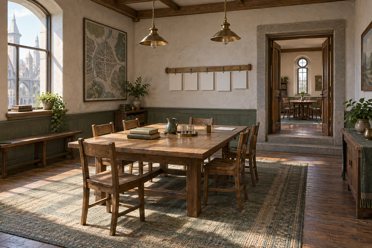 Editorial reconstruction of a spare public meeting room with a modest central table and one inner doorway to the Council Chamber