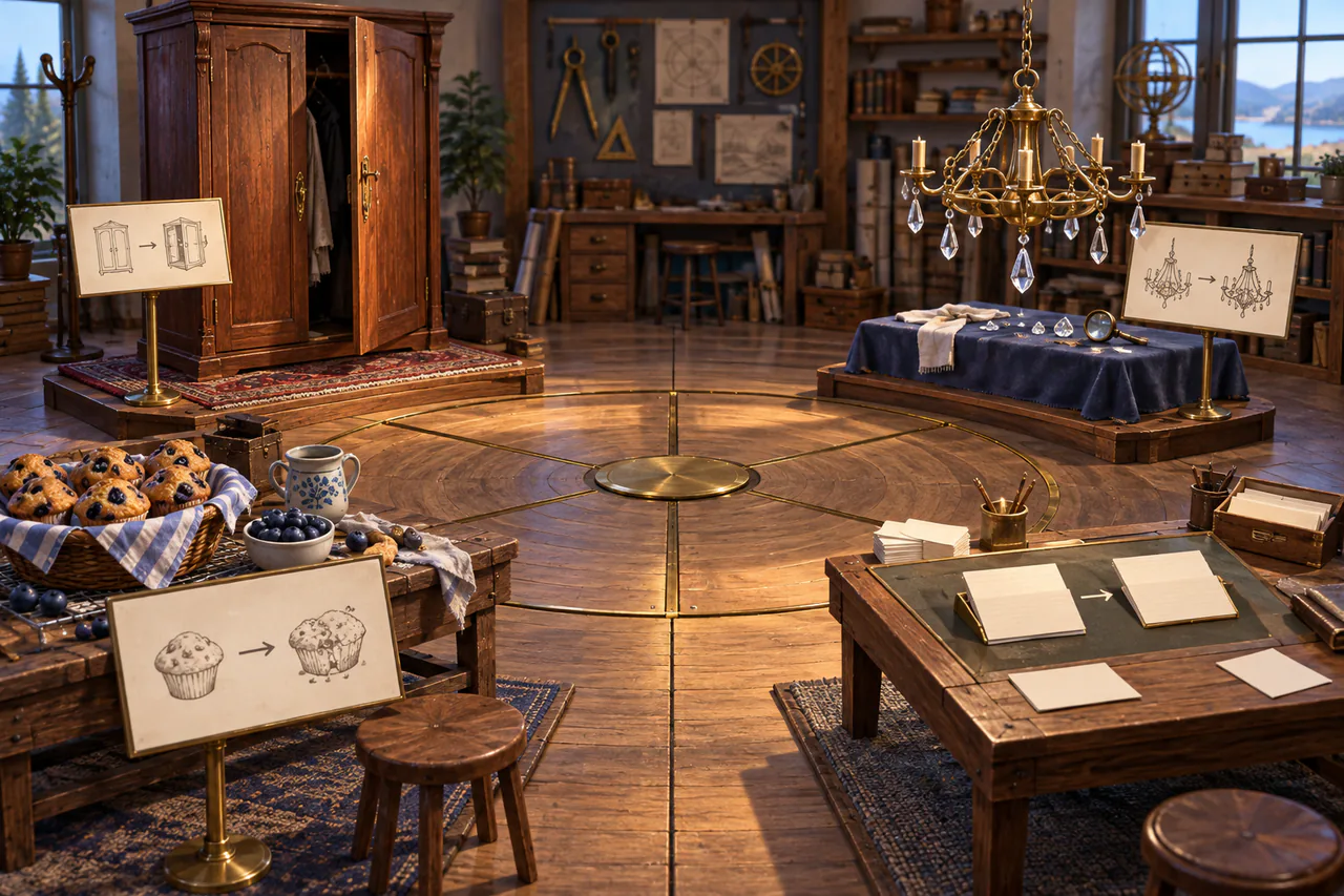 Editorial reconstruction of a story-craft room with a subtle rotating floor and separate wardrobe, muffin, chandelier and sentence-card examples