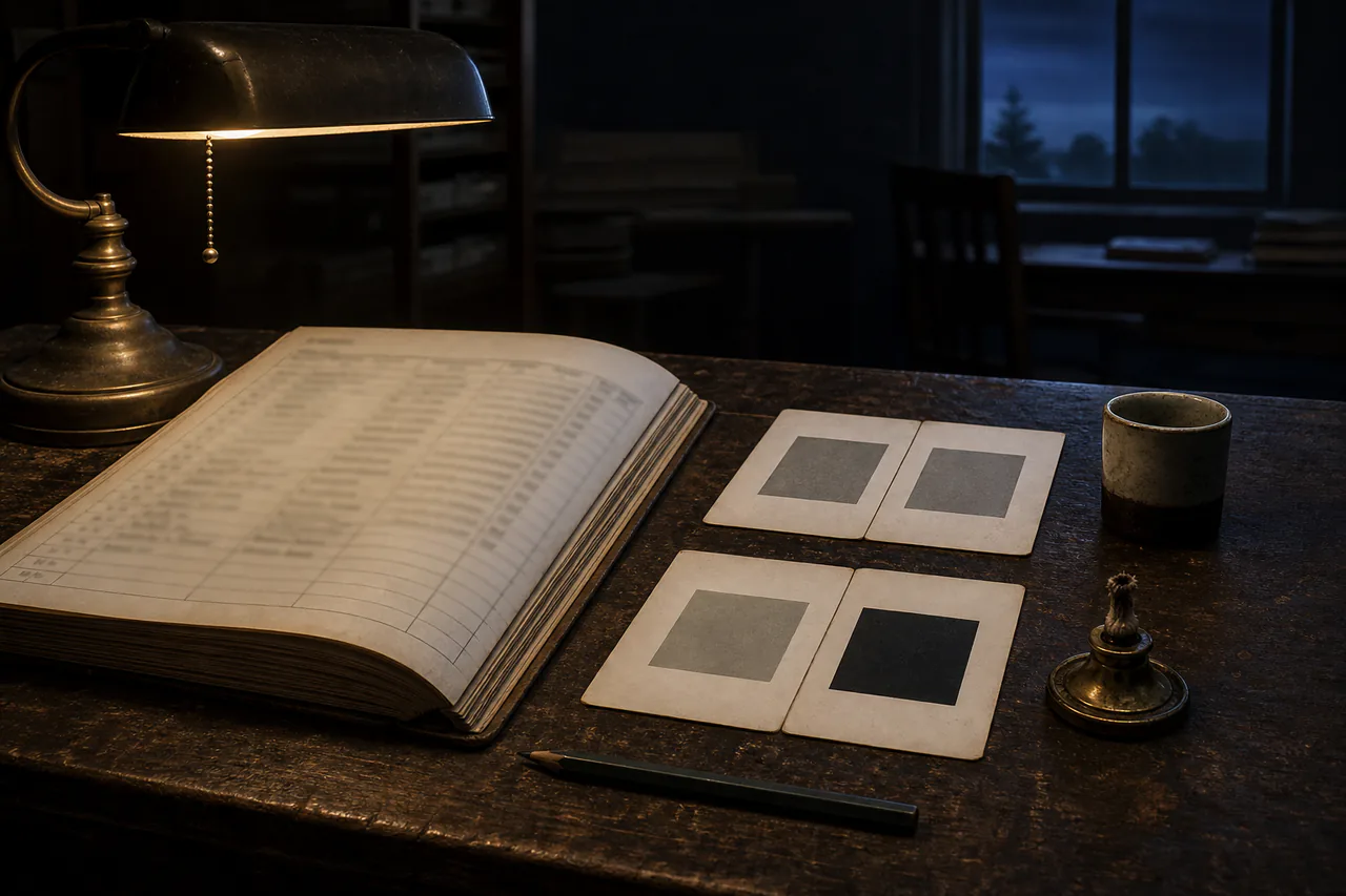 Click to enlarge Close late-night table with unreadable register, matching and mismatched control cards, pencil, spent wick and cold cup