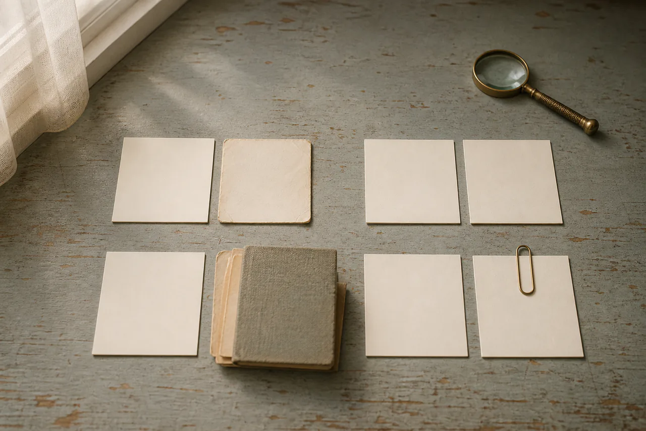 Click to enlarge Four pairs of blank cream cards in different later states beside a magnifying lens