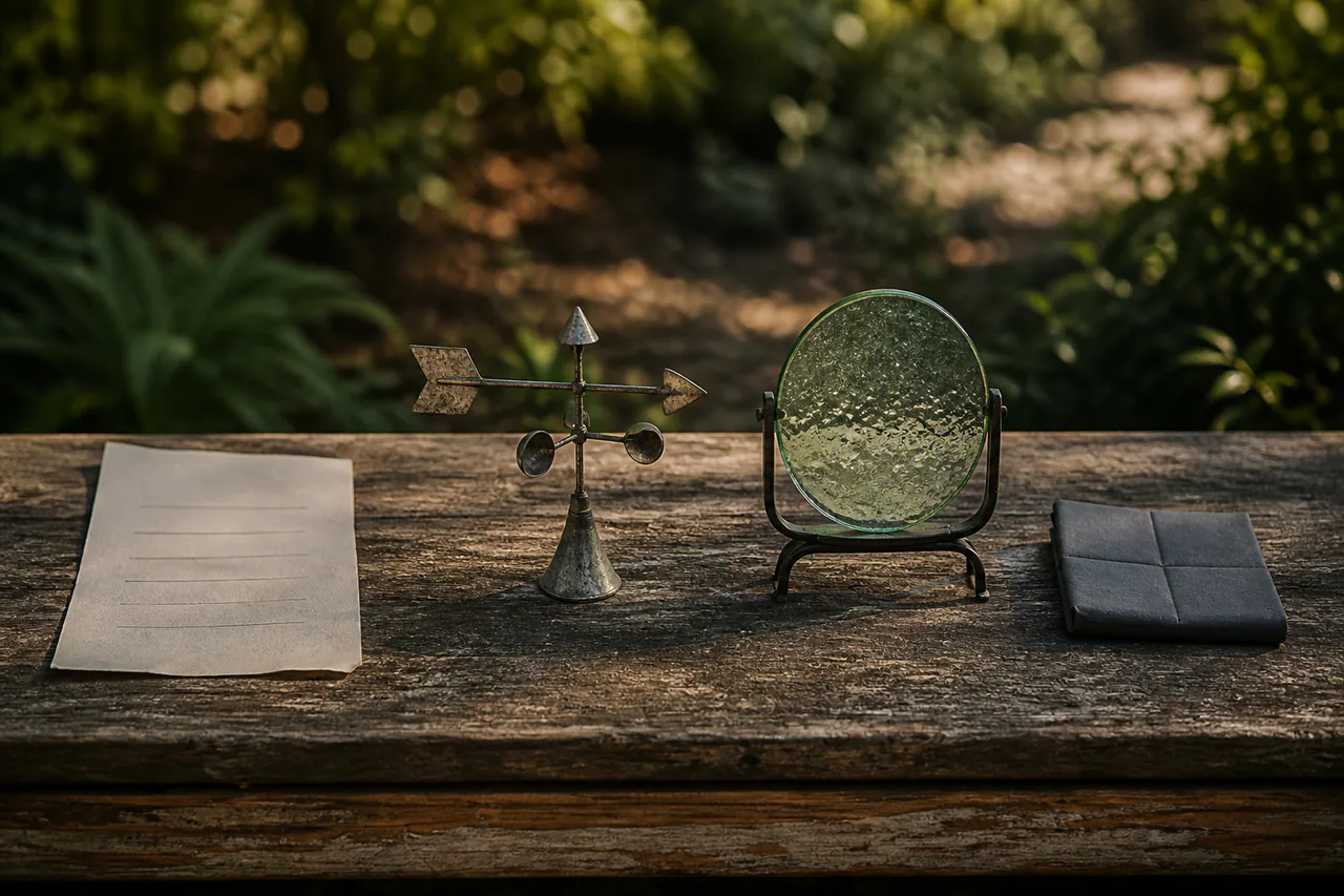 Unsigned permission slip, tiny weather vane, rippled green-glass window and folded rectangle of shade arranged on a bench