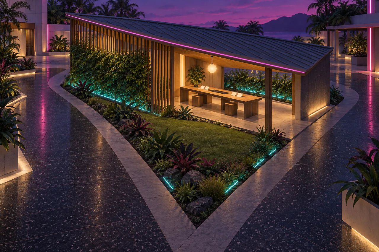 Two narrow road-coloured stone paths part around a wedge-shaped grass garden and meet again beyond a small pavilion. Its low sloping roof is dark zinc with a fine magenta edge; an open timber screen carries a living hedge around one side