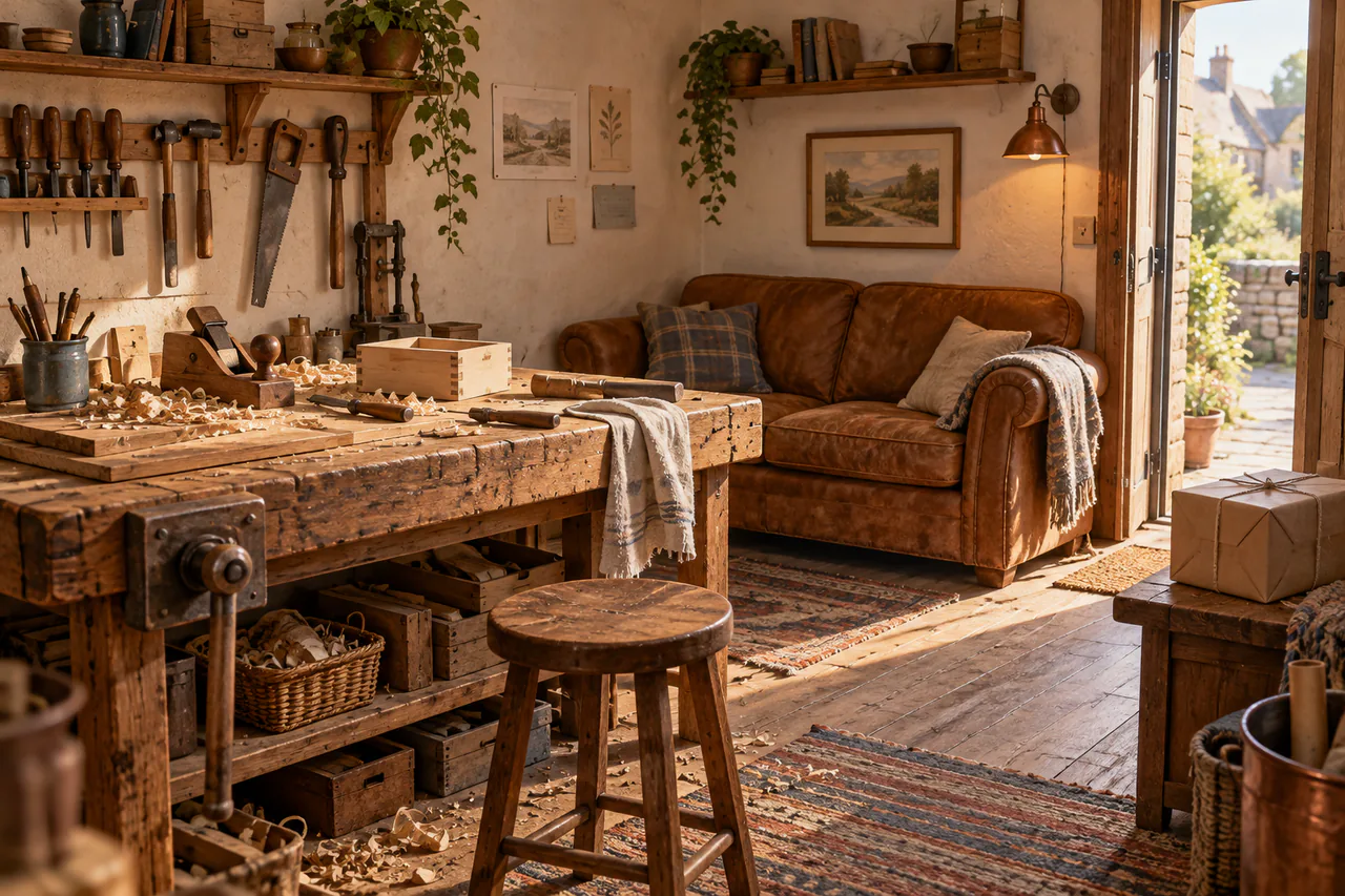 Editorial reconstruction of a small warm workshop with a practical bench, open door and soft amber-brown couch