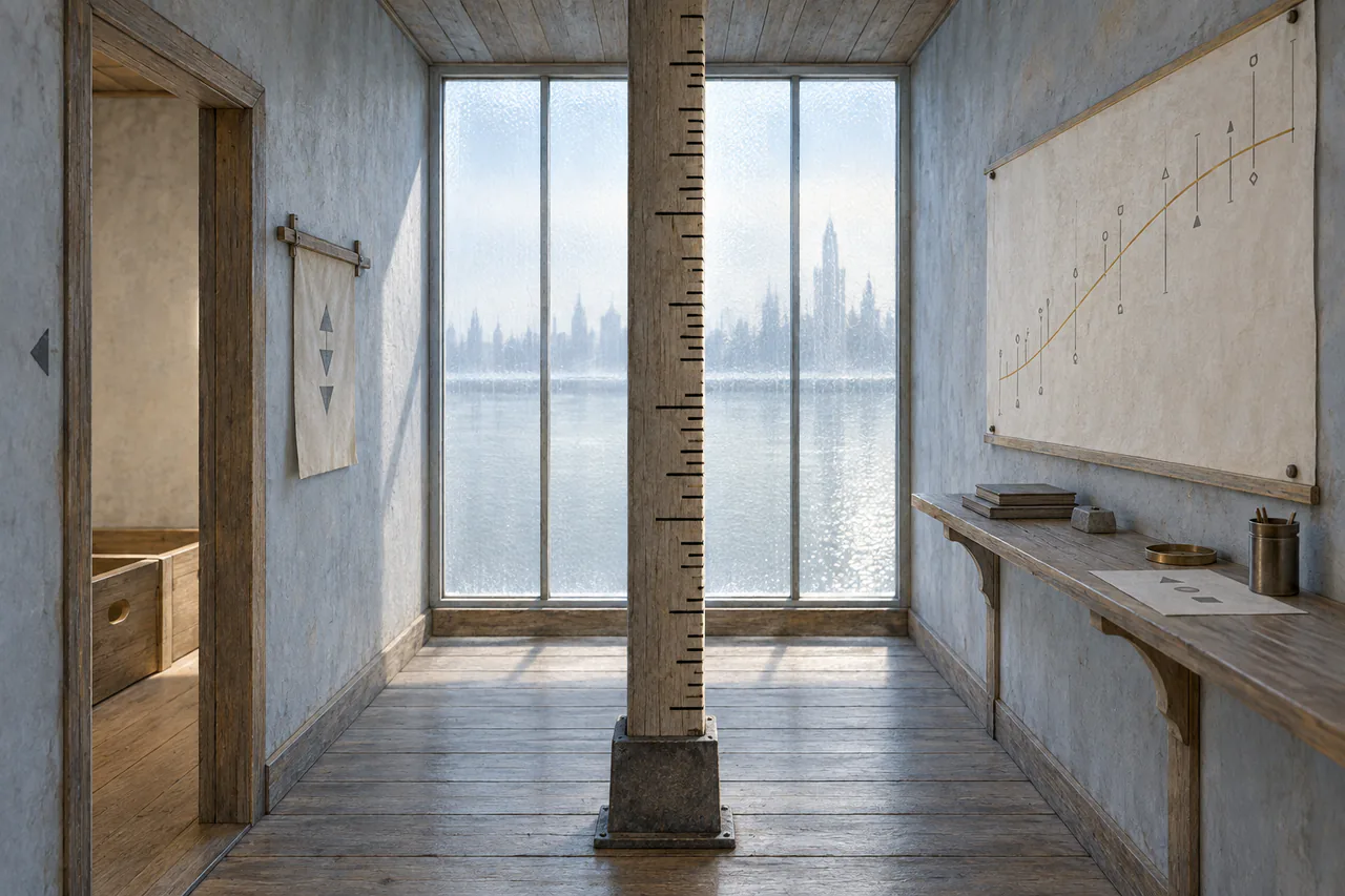 Editorial reconstruction of a narrow measurement room with a marked central post, read-in curve and window facing the glass