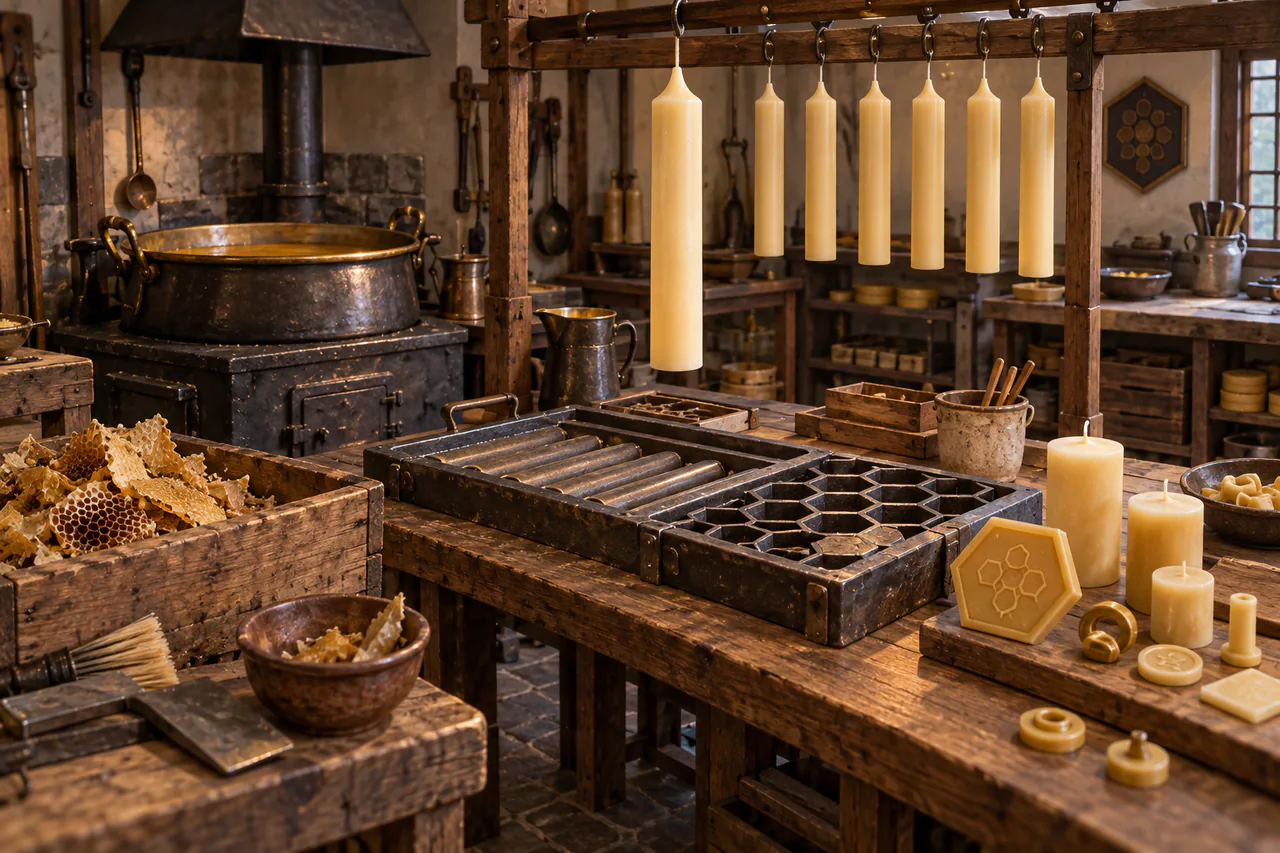 Editorial reconstruction of a wax repair workshop with low kettle, mould tables, hanging candles and remade comb fittings