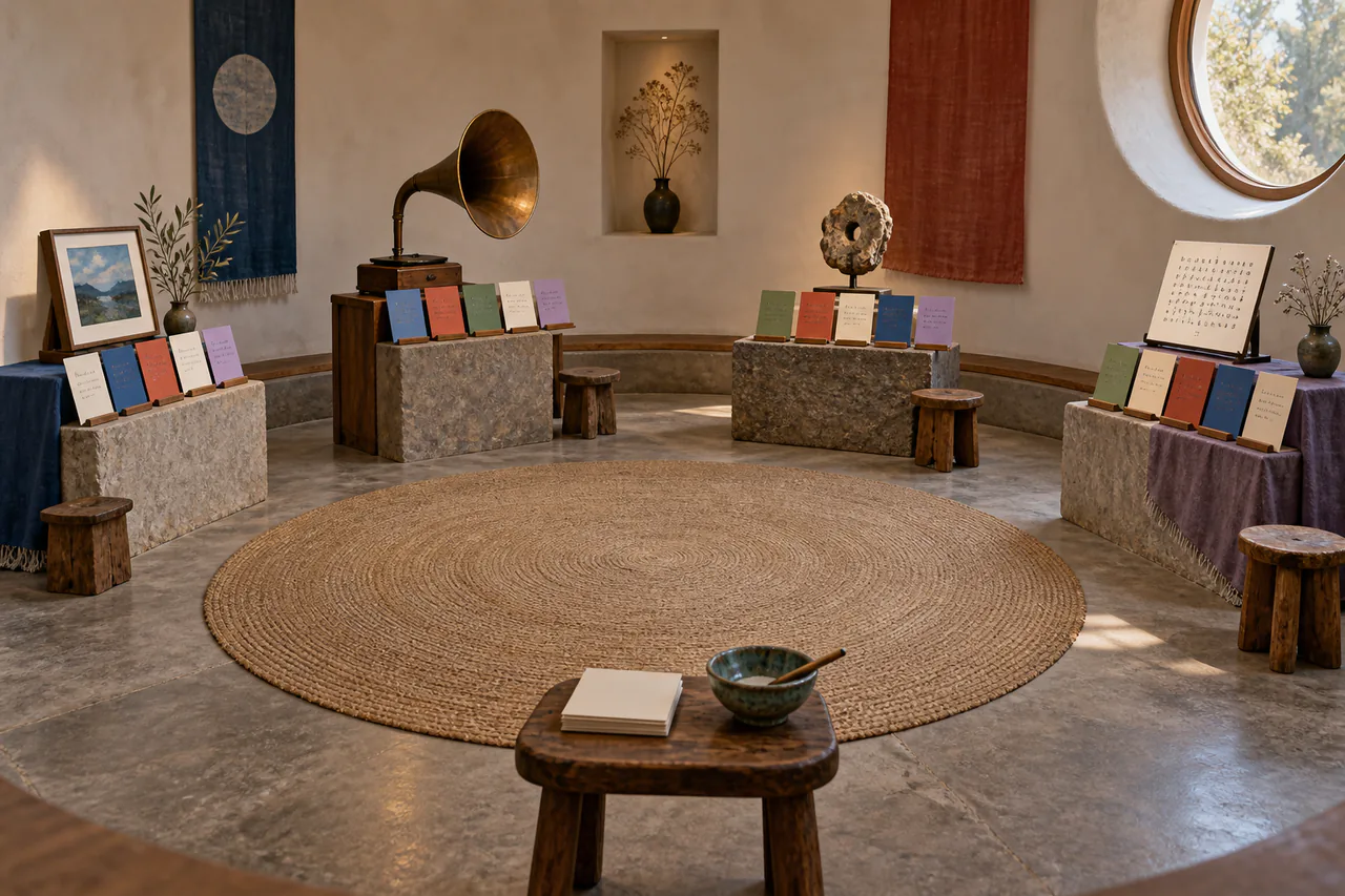 Editorial reconstruction of a circular encounter room where several works sit beside multiple equal response cards around an empty centre