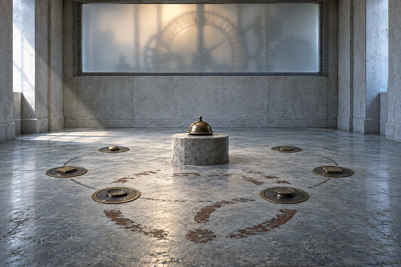 Editorial reconstruction of a bare test room with a concealed clock, six action tokens and one bell-like trial object