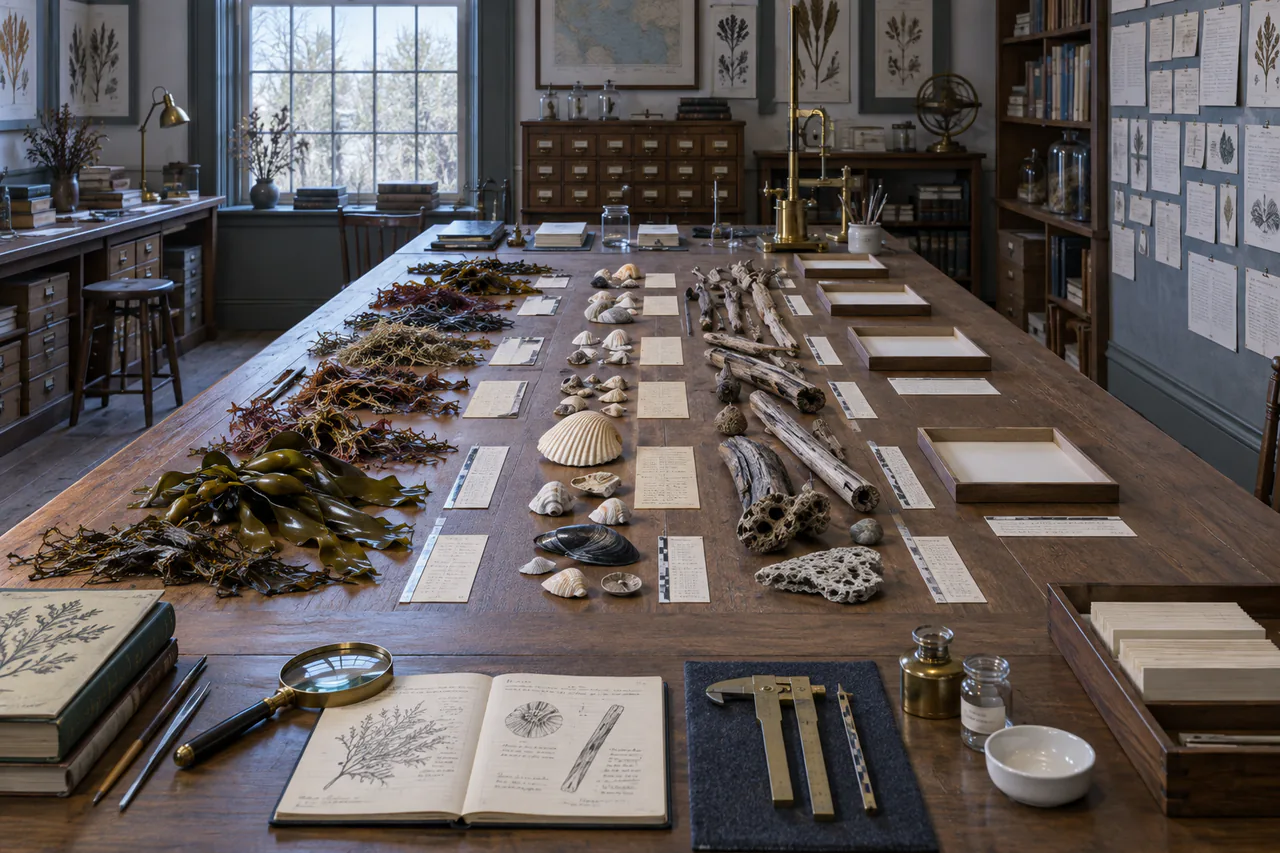Editorial reconstruction of a dry records room where specimens and instruments form a wrack-like line along a central table