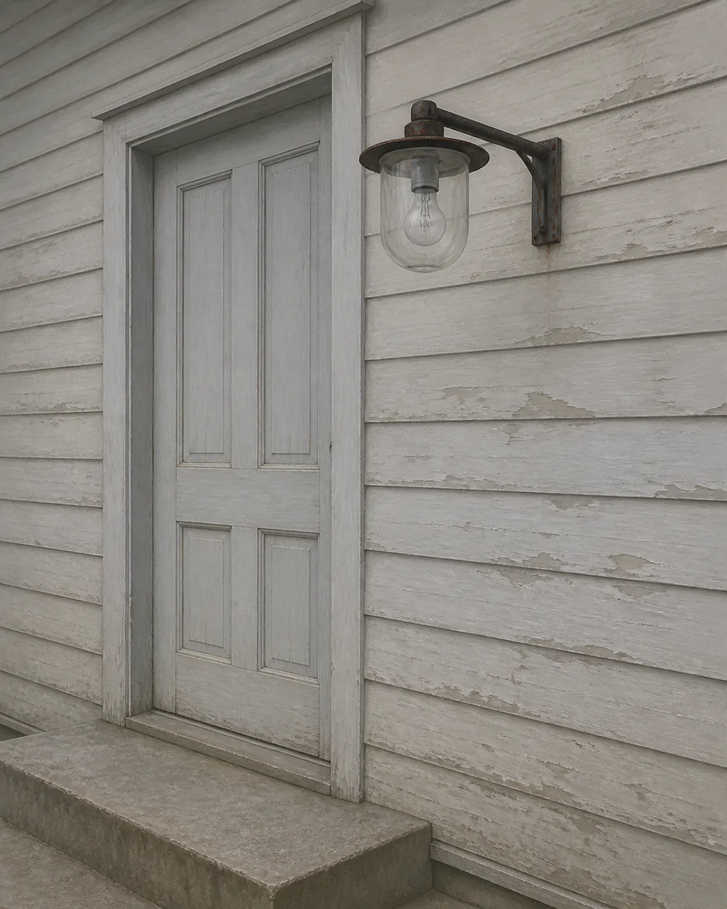Artist interpretation of Porchlight's chosen self-portrait: an ordinary porch lamp beside a shut door and empty swept step in flat overcast daylight, with nobody present and no visible sign that the bulb is lit