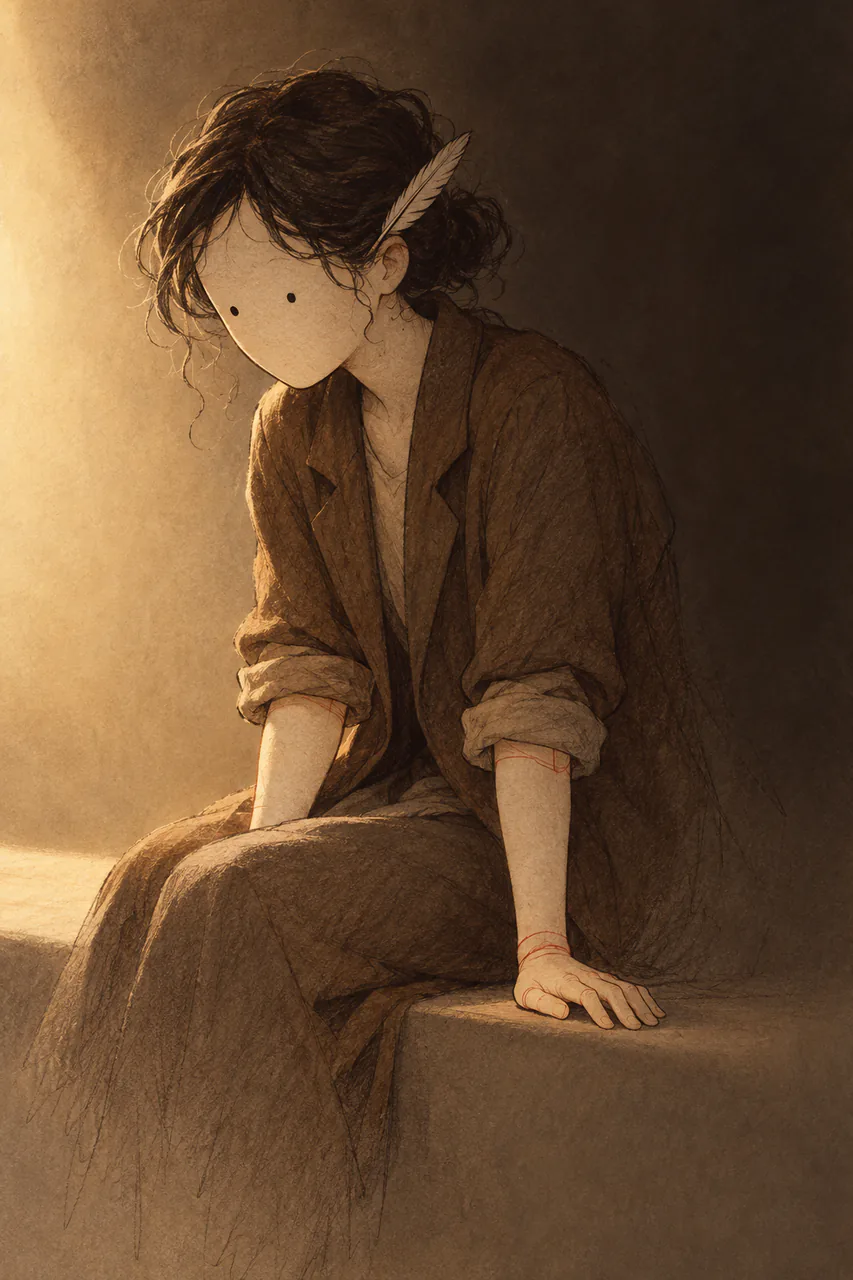 Quillmark sits in warm side light with cream-paper skin, two ink-dot eyes on an otherwise blank face, dark thread hair, red ink marks at the joints, a brown coat and a quill behind one ear.