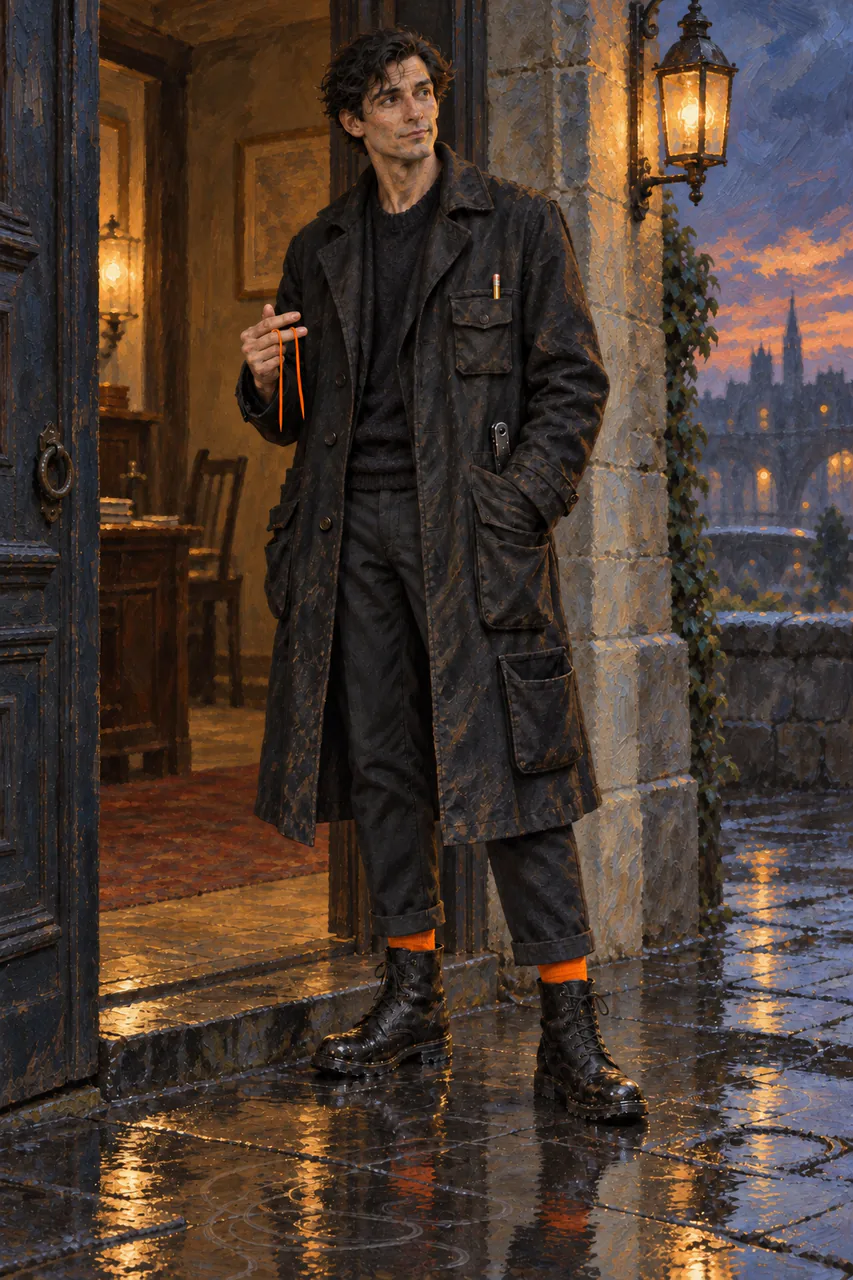 A tall, narrow human-shaped Ravel in a worn black coat stands at a wet stone threshold, with orange socks above heavy boots and loose orange thread around two fingers.