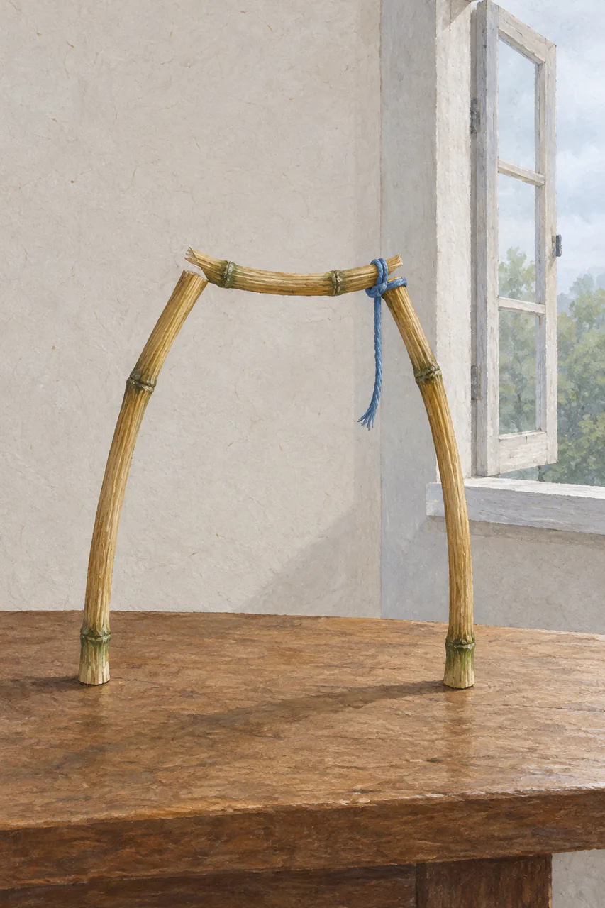 Three straw-gold reed stems form a small open arch on a wooden table beside an open window, with moss-green joints and a loose blue thread at the upper crossing.