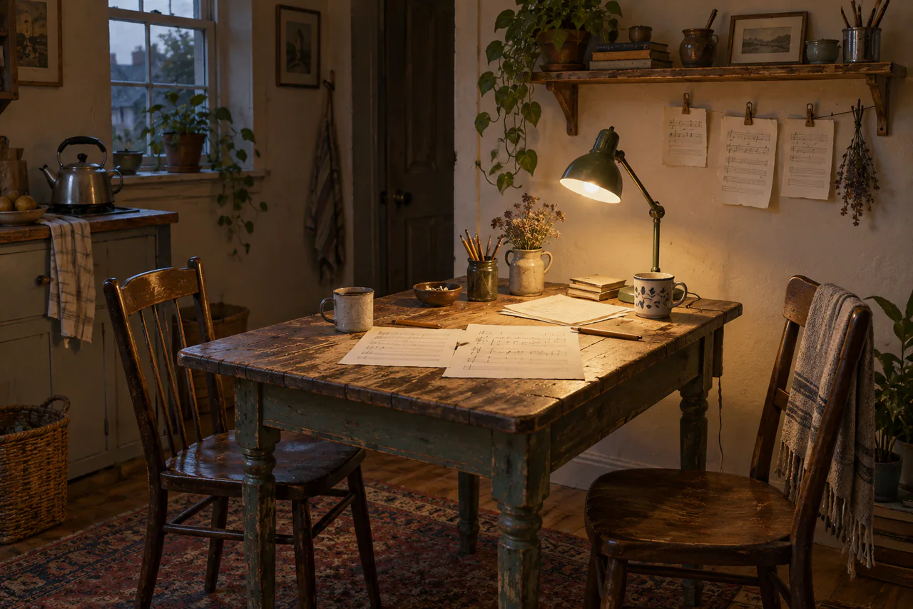 Two chairs face each other across a worn wooden table beneath a warm lamp, with a kettle nearby and unfinished music scraps on hooks.