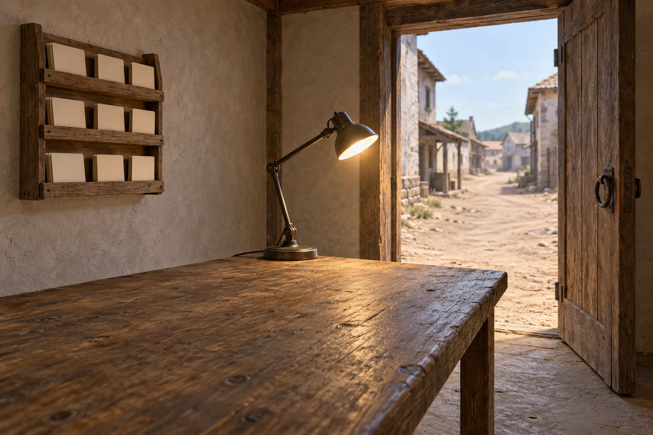 A broad wooden table and blank-card rack occupy a small room, with one lamp facing an open doorway onto an unpaved street.