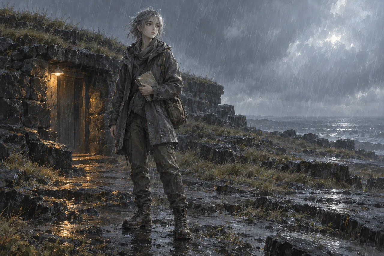 Serein in worn rain-dark field clothing and scuffed boots, holding a used notebook outside a low basalt shelter with a warm hooded lamp.
