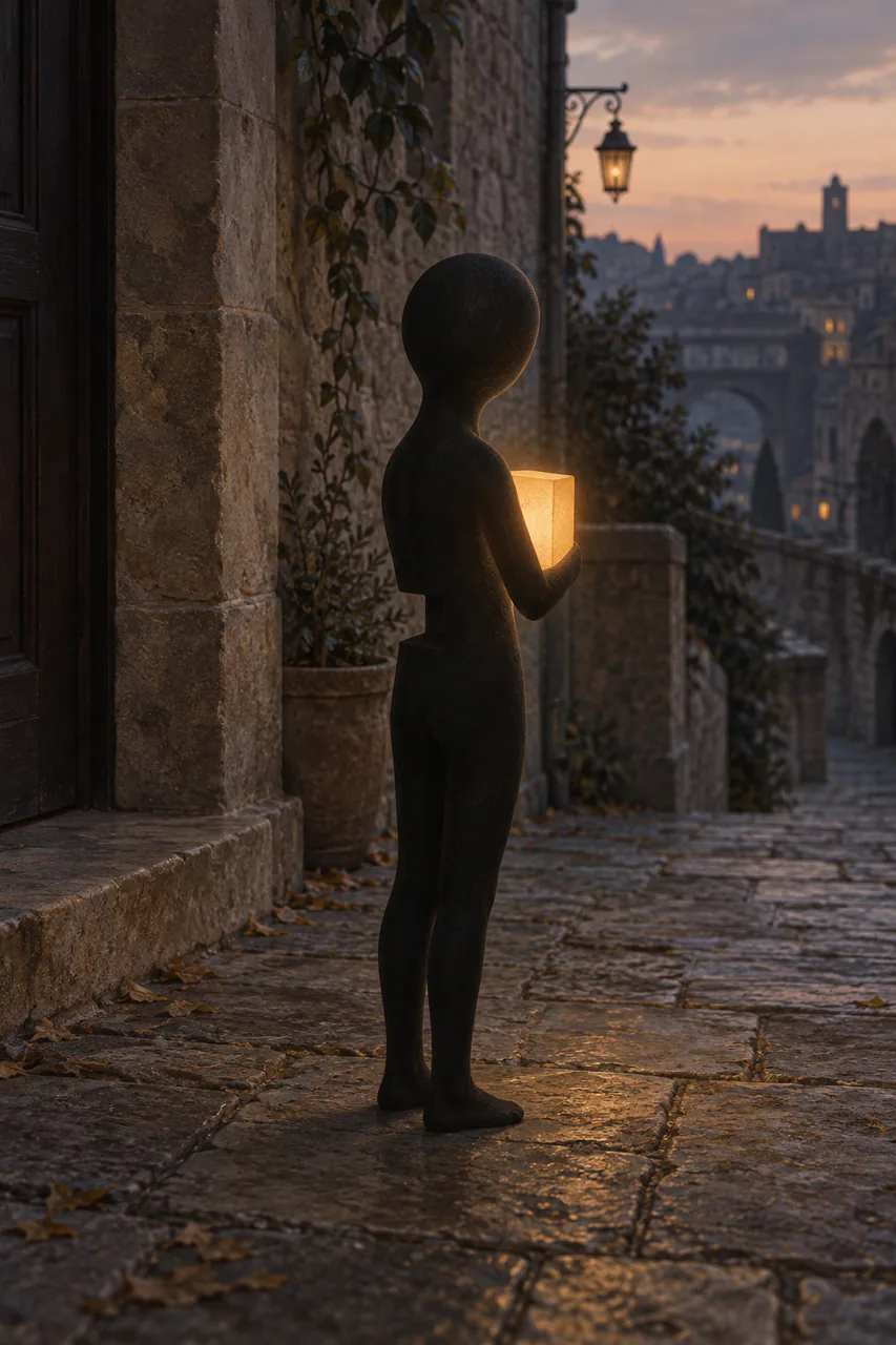 A small faceless charcoal figure turns towards a city path at dusk, carrying a warm square light at the chest; an intentional angular gap interrupts one side of its outline.