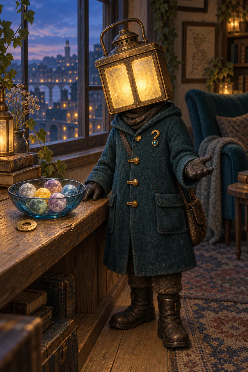 A small lantern being with an aged-brass head and two warm glass panes stands in a worn deep-teal coat beside a bowl of seven tiny moons and a brass washer marked Moon VIII, holding one hand open in welcome.