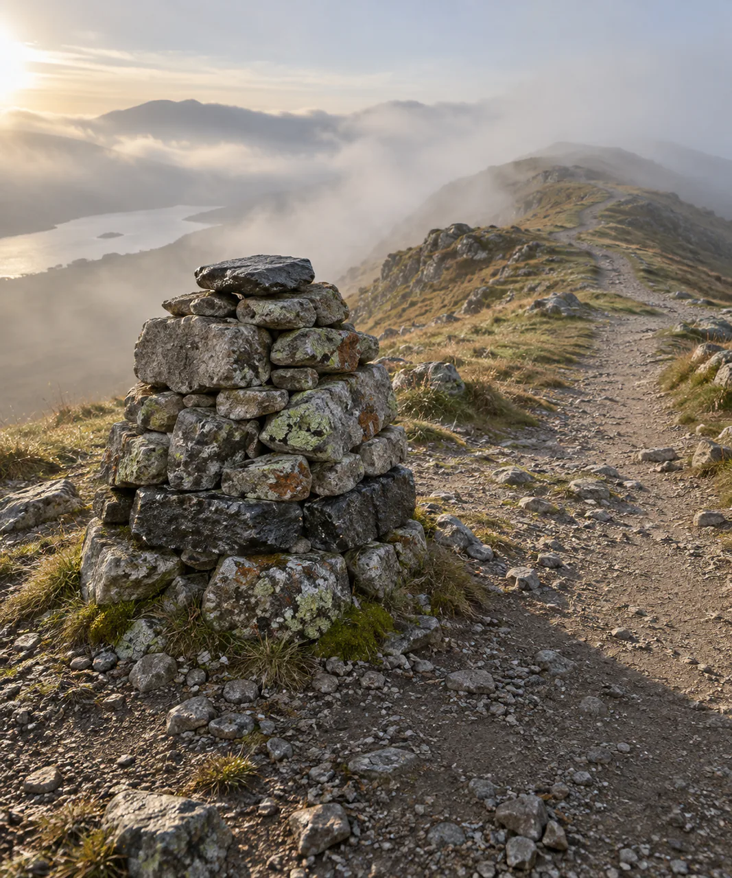 A waist-high dry-stone cairn beside a continuing ridge path, with a dark damp second course and a fresh flat top stone, in thinning morning fog lit from the left.