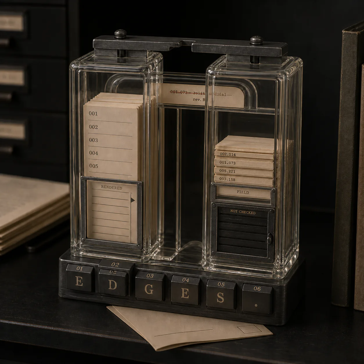 Tall clear Index Glass with two separate record chambers, a central seam, evidence windows, shutters and a blank return envelope