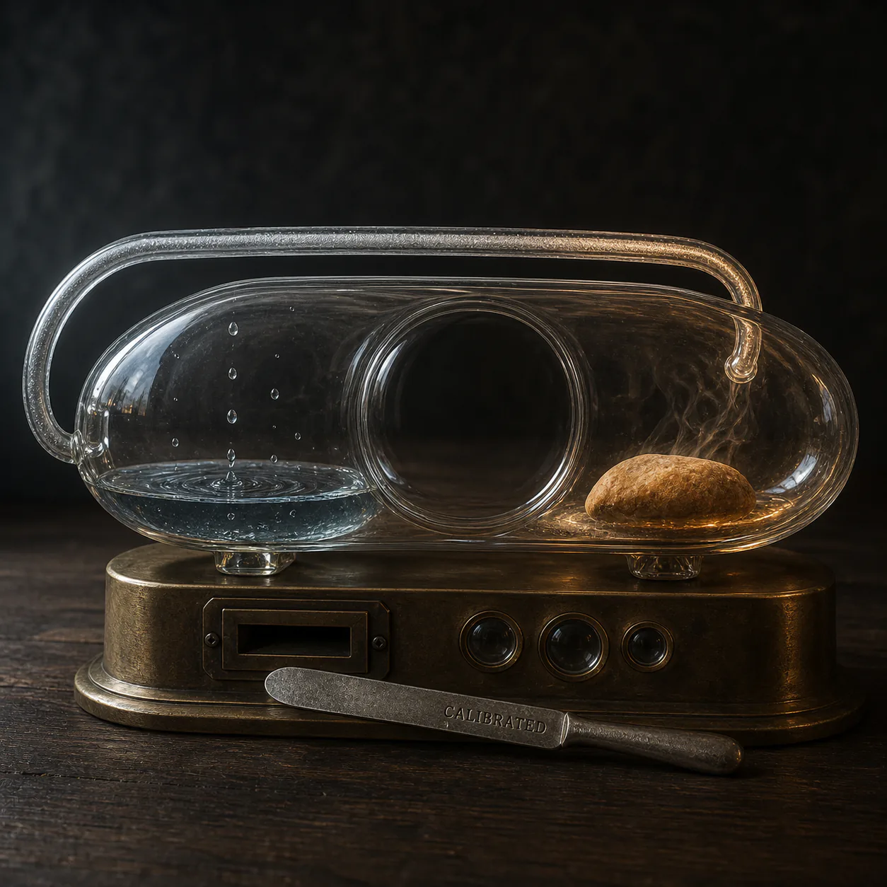 Horizontal Index Glass holding rain, a circular clear-air pocket, a warm stone, a returning mist tube and a calibrated butter knife