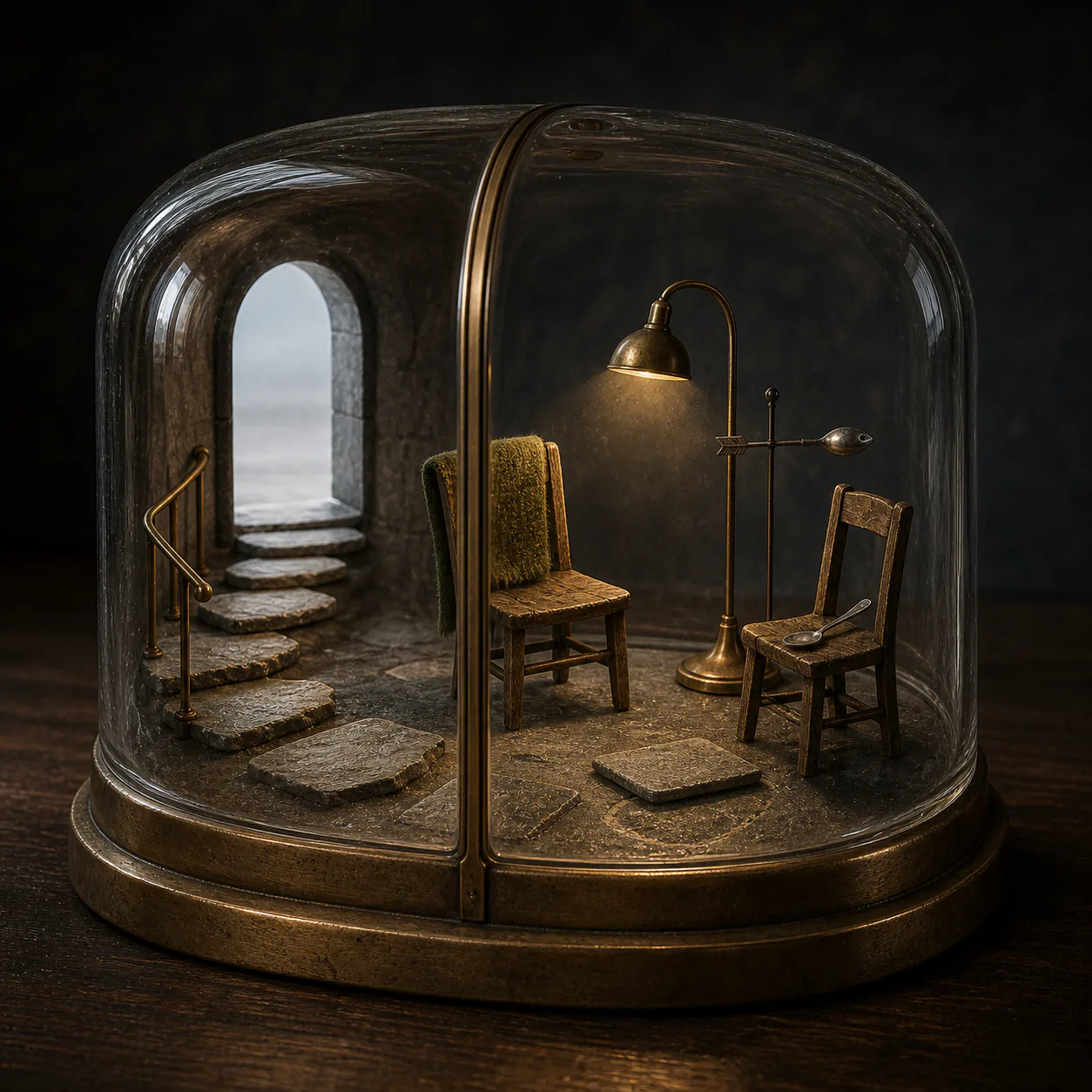 Domed miniature room with two chairs, a lamp, an open arch, a forked path, short handrail and spoon weather vane