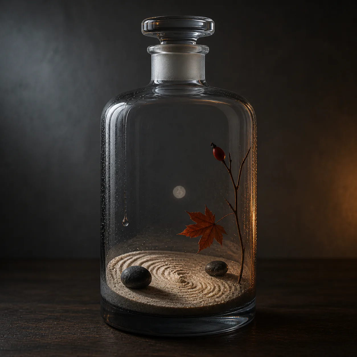 Tall autumn Index Glass containing sand, two stones, briar, a suspended copper leaf, dew and clear dusk air