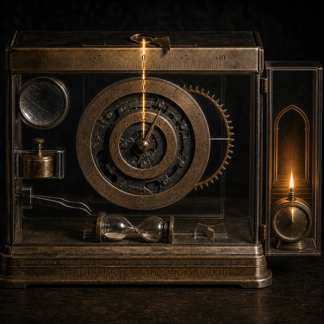 Broad clockwork Index Glass with comparison dials, sunlight check, worn tools, an hourglass and a separate clock-lamp sidecar