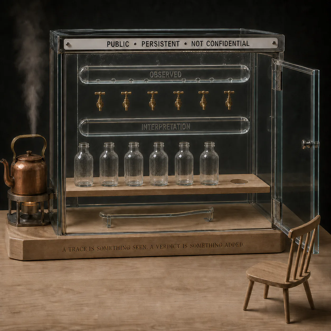 Low open evidence cabinet with a kettle, separate observation and interpretation channels, bottles, an empty shelf mark and a waiting chair