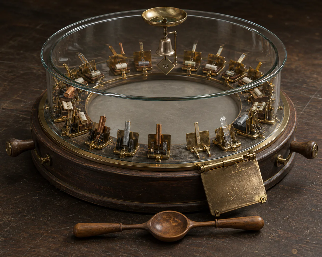 Circular rotunda Index Glass with paired music rests, an empty centre, two handles, a chime and a correction plate