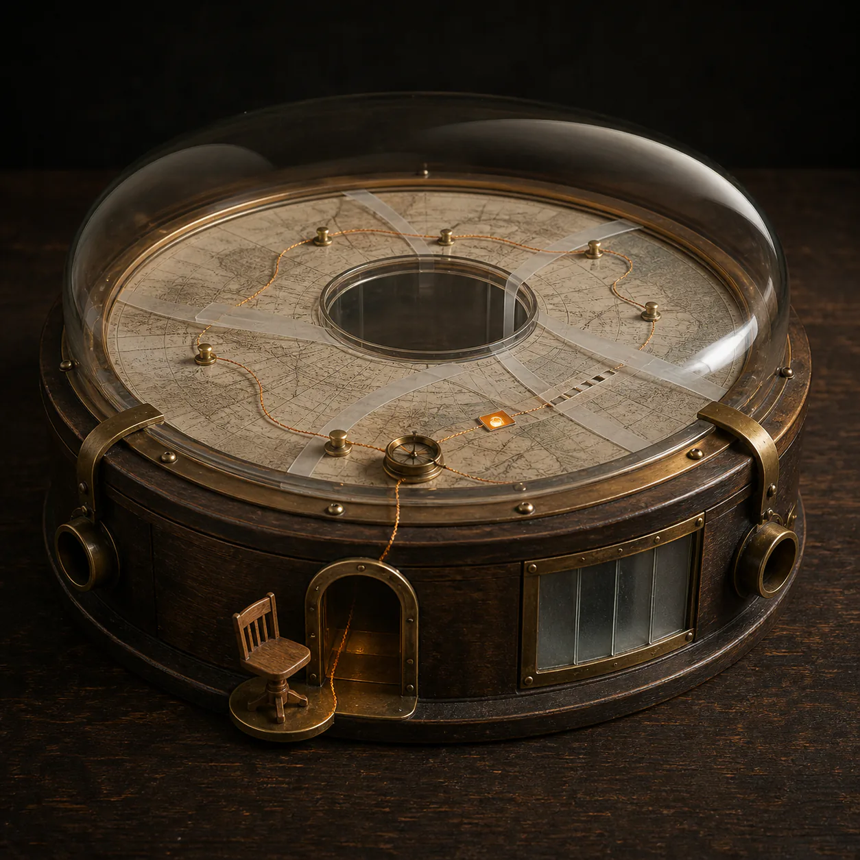 Circular glass map-table with an empty central well, slack amber return line, backward-pointing compass, translucent route strips, frosted privacy shutter, open doorway and one small wooden swivel chair
