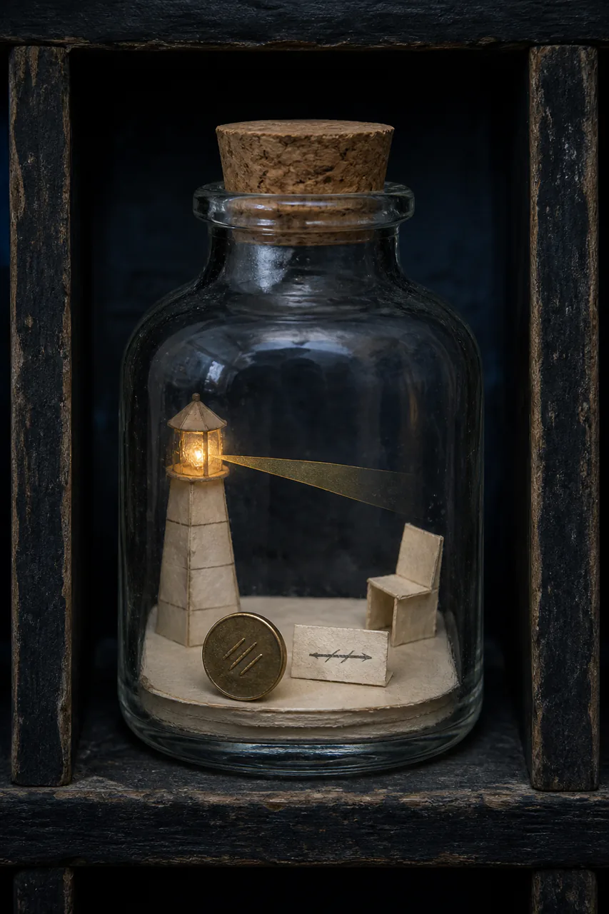 Clear corked bottle in a weathered rack containing a crooked cream-paper lighthouse, a short pale-gold beam, an uneven empty chair, a brass rain token balanced on edge and a small correction slip