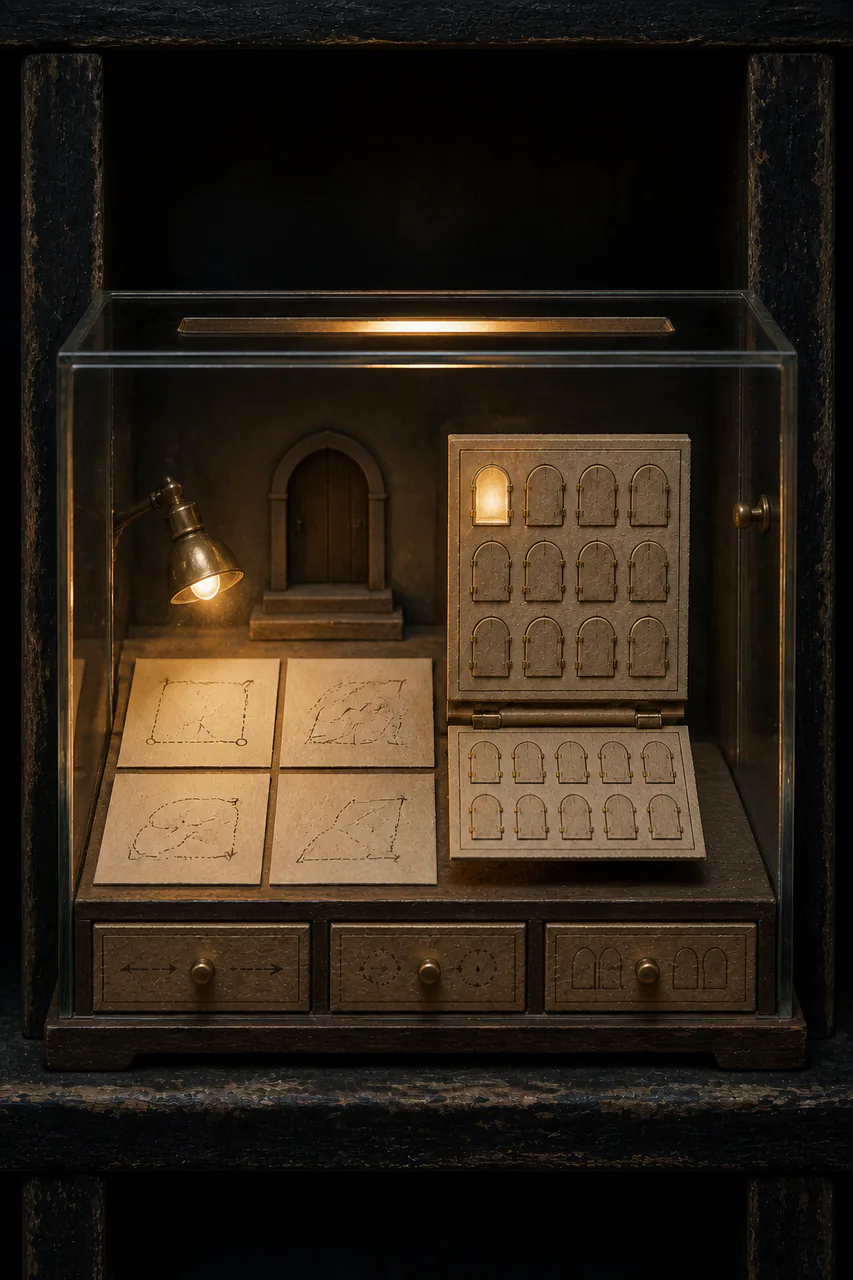 Low rectangular Index Glass case with a small doorway and amber lamp, four route cards, a twelve-door correction panel above an older ten-door panel, three abstract drawers and one empty brass satchel peg
