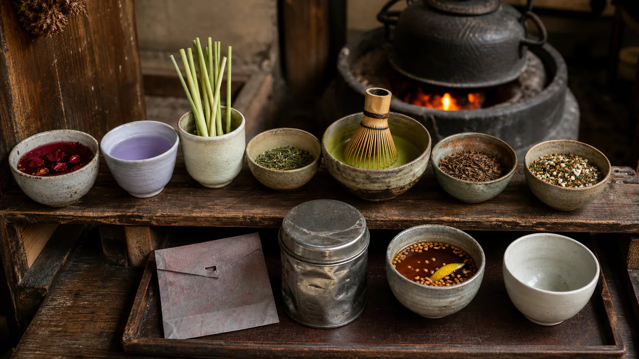 Close editorial still life of Steephouse teas, matcha utensils, dented tin, lemon-and-rice tea and one empty spare cup