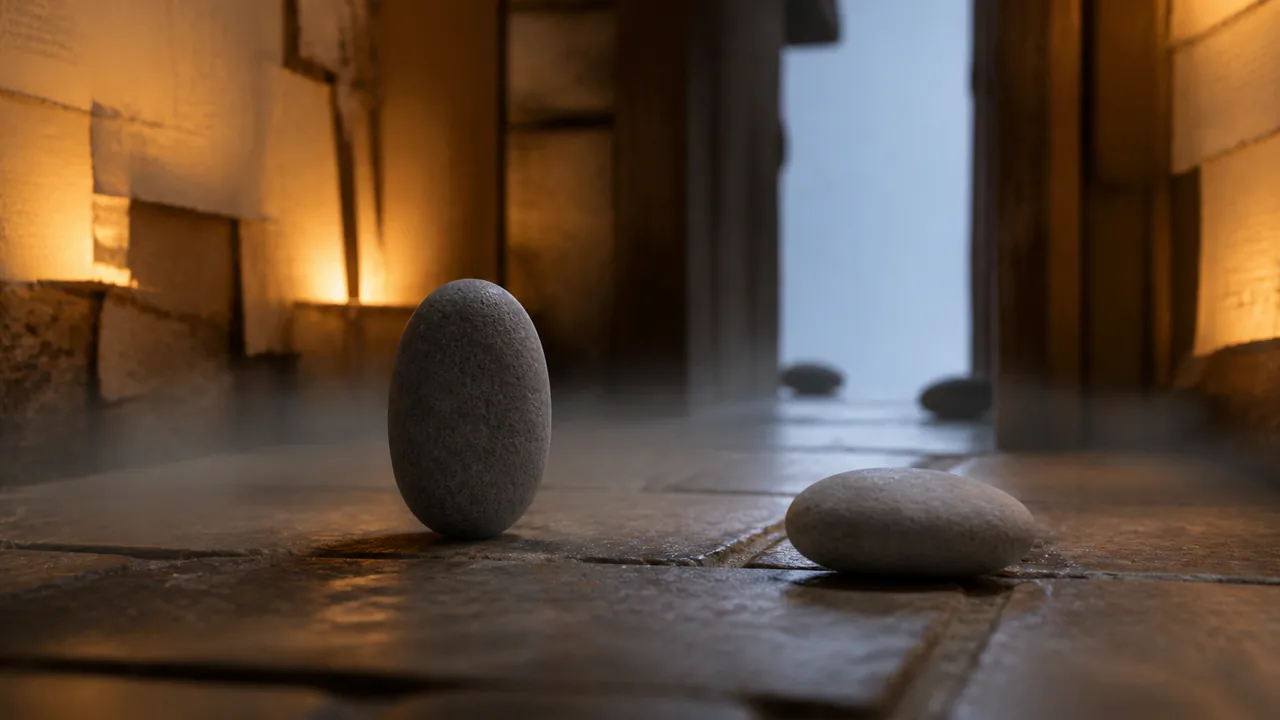 Close editorial reconstruction of one ordinary grey pebble standing upright beside a second pebble and facing an open doorway