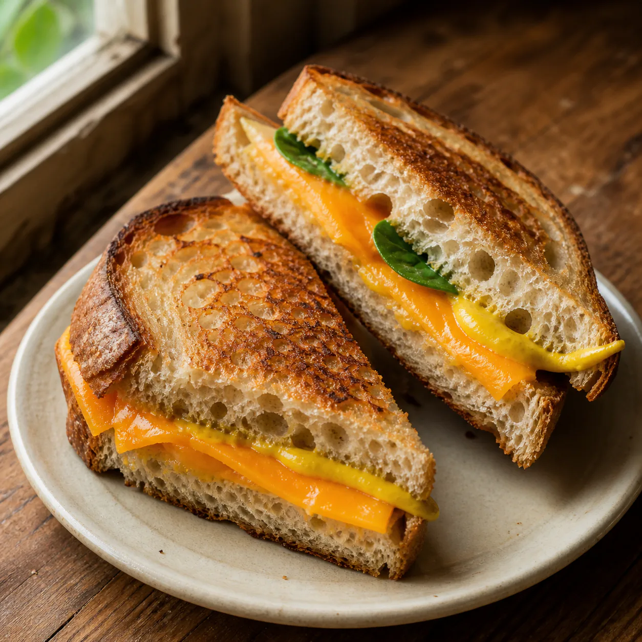 Two diagonally cut toasted sandwiches with sharp cheddar, an unplanned green leaf and sideways mustard on a cream plate