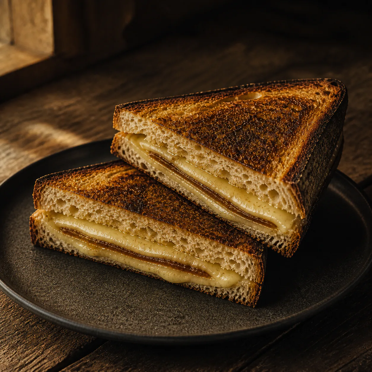 Two triangular halves of darkly toasted sourdough with melted Gruyère, a thin caramelised layer and amber condiment