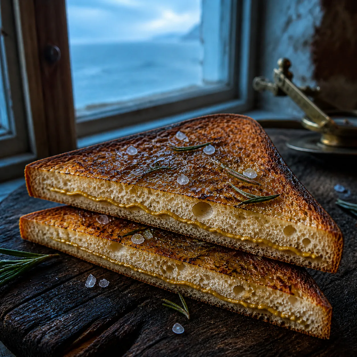 Two triangular coal-toasted sandwiches with rosemary oil, salt crystals and a winding mustard line beside a blue coastal window