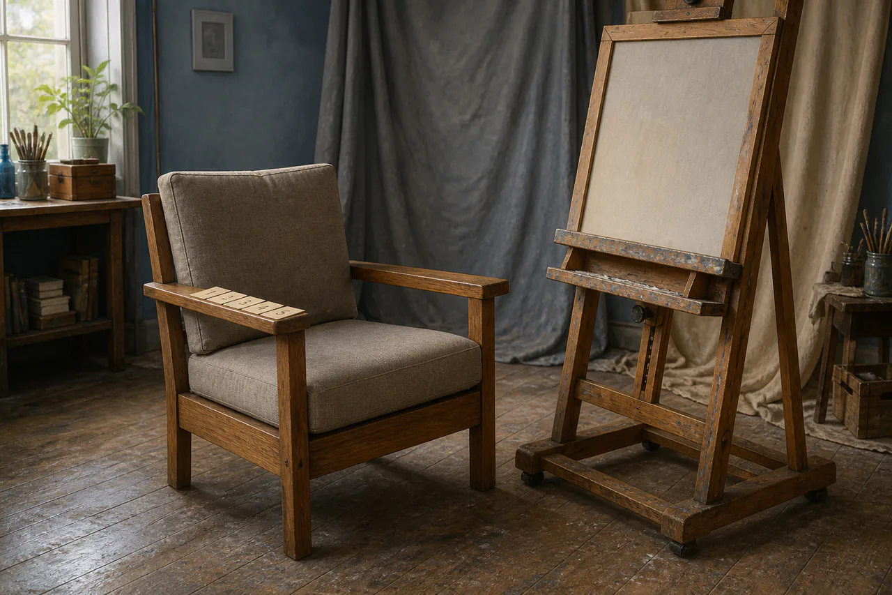 Click to enlarge A plain comfortable chair with exactly five small cards on one arm beside an empty full-size portrait easel