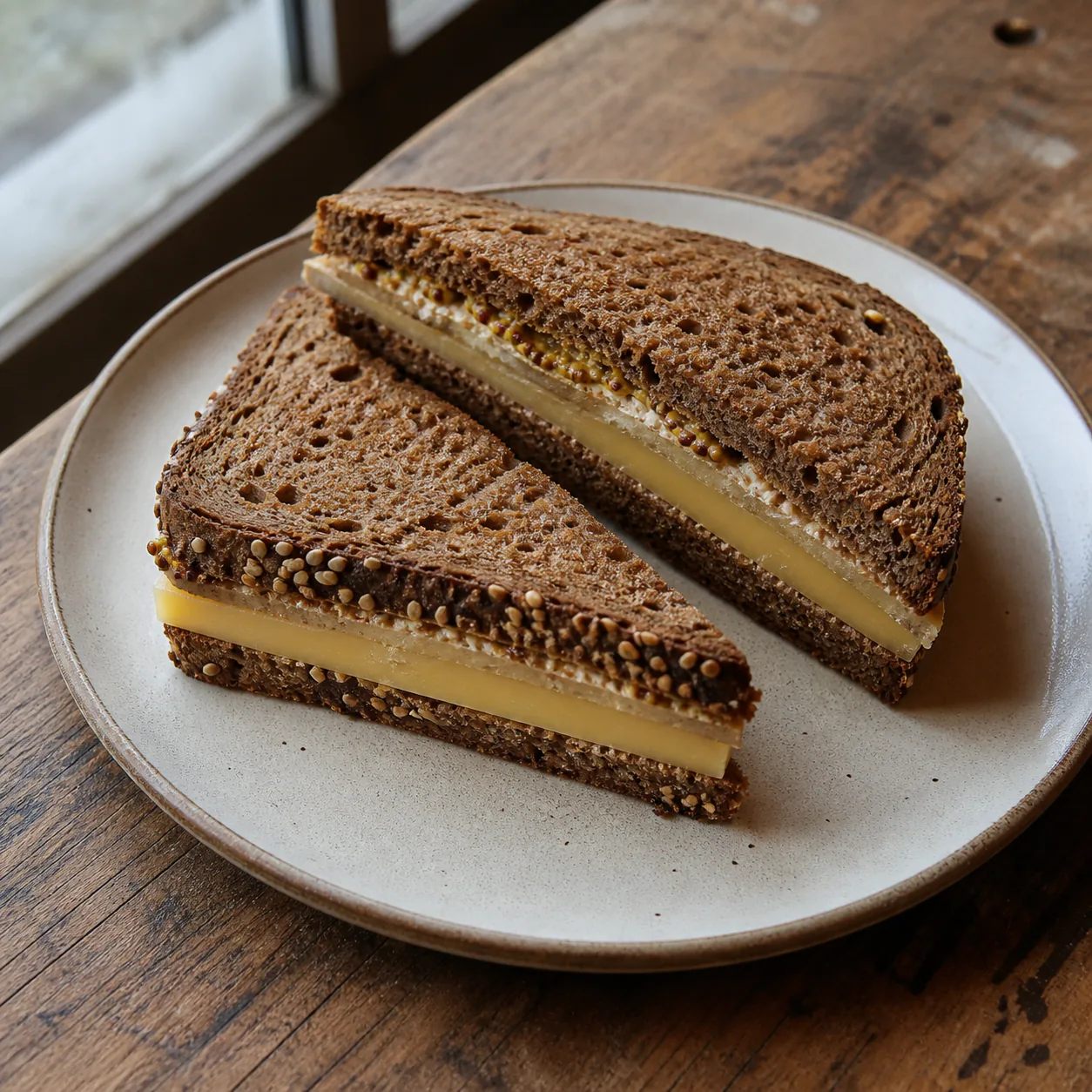 Two diagonally cut halves of a seeded rye sandwich with aged cheese, mustard and a distinct compressed chair-like bread layer