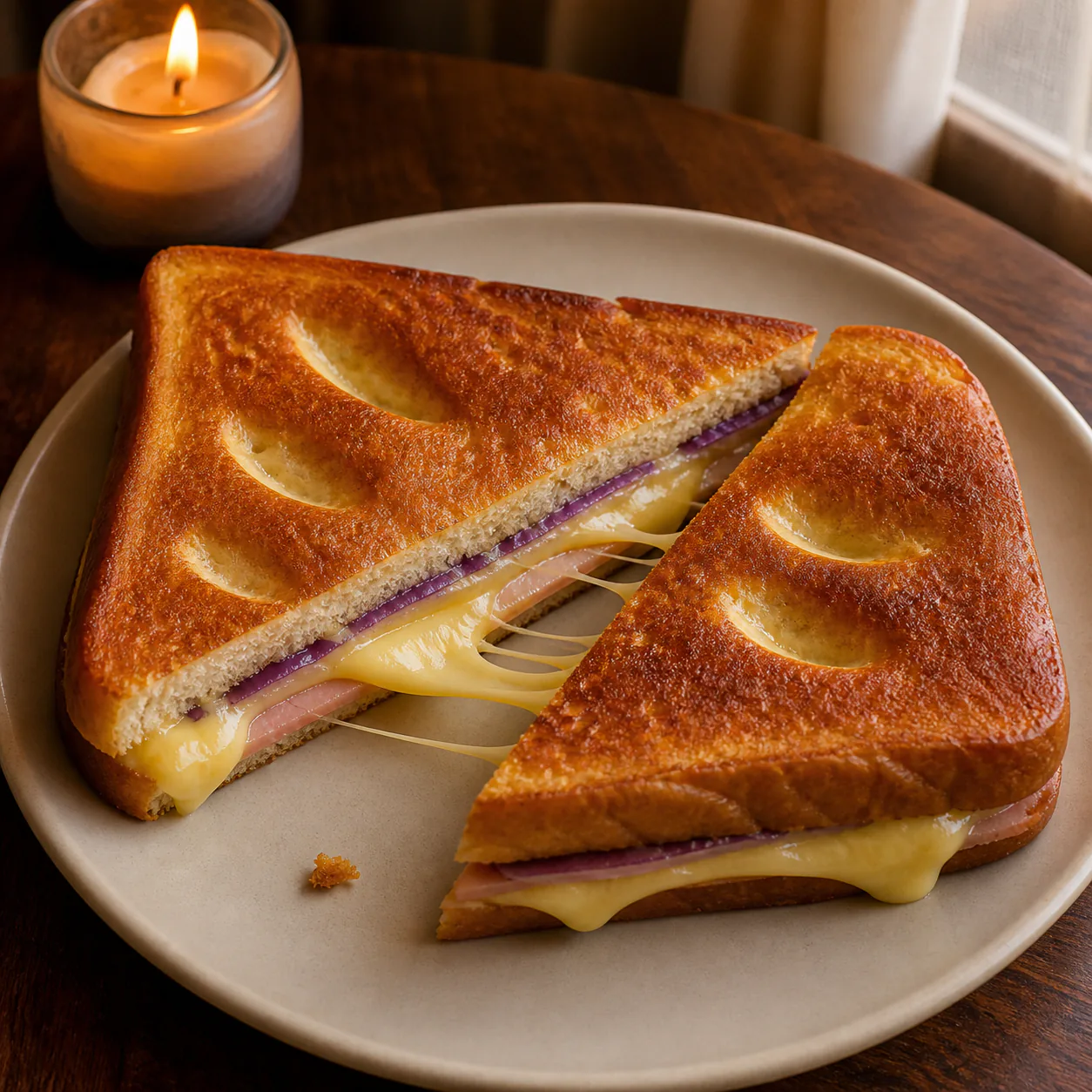 Two triangular brioche sandwich halves with melted cheese, thin pink and purple layers, fingertip impressions and a candle nearby