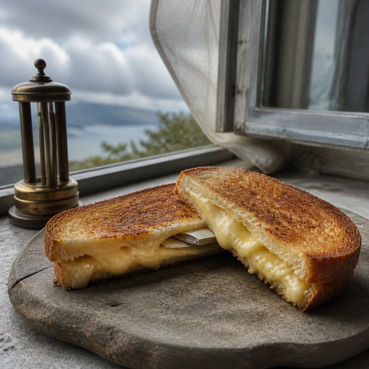 A grilled-cheese sandwich cut diagonally on warm stone beside an open cloudy window and a resting brass weather instrument