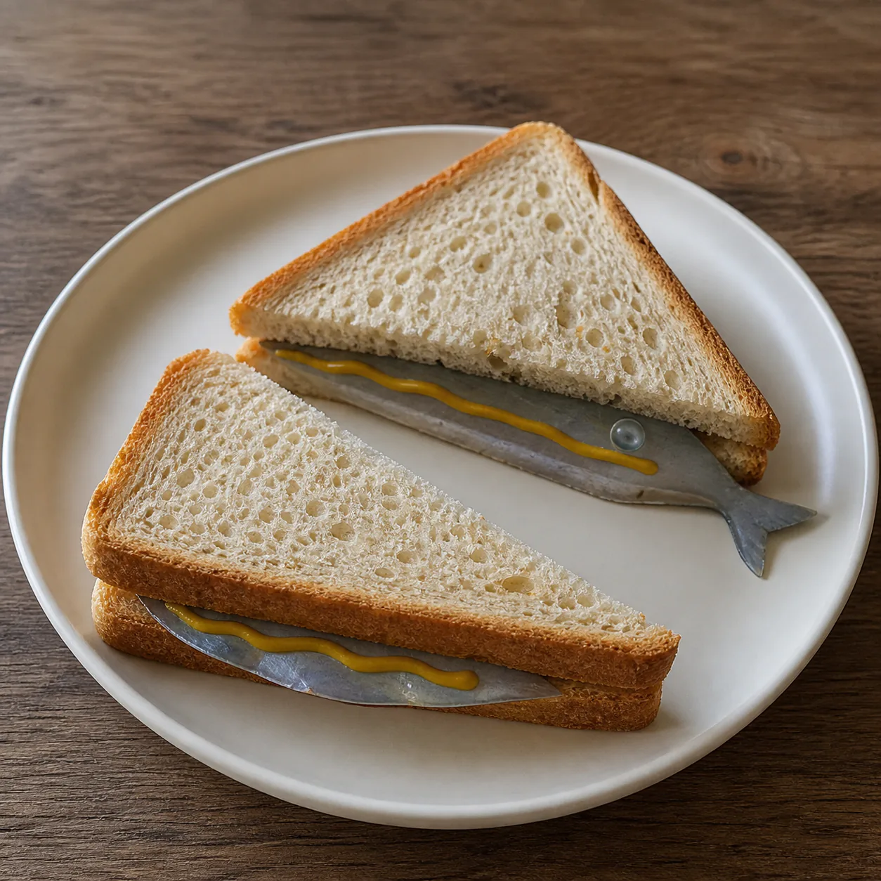 Two triangular sturdy-bread sandwich halves with a sparse blue-grey wingless fish layer, one bubble and one crooked mustard line