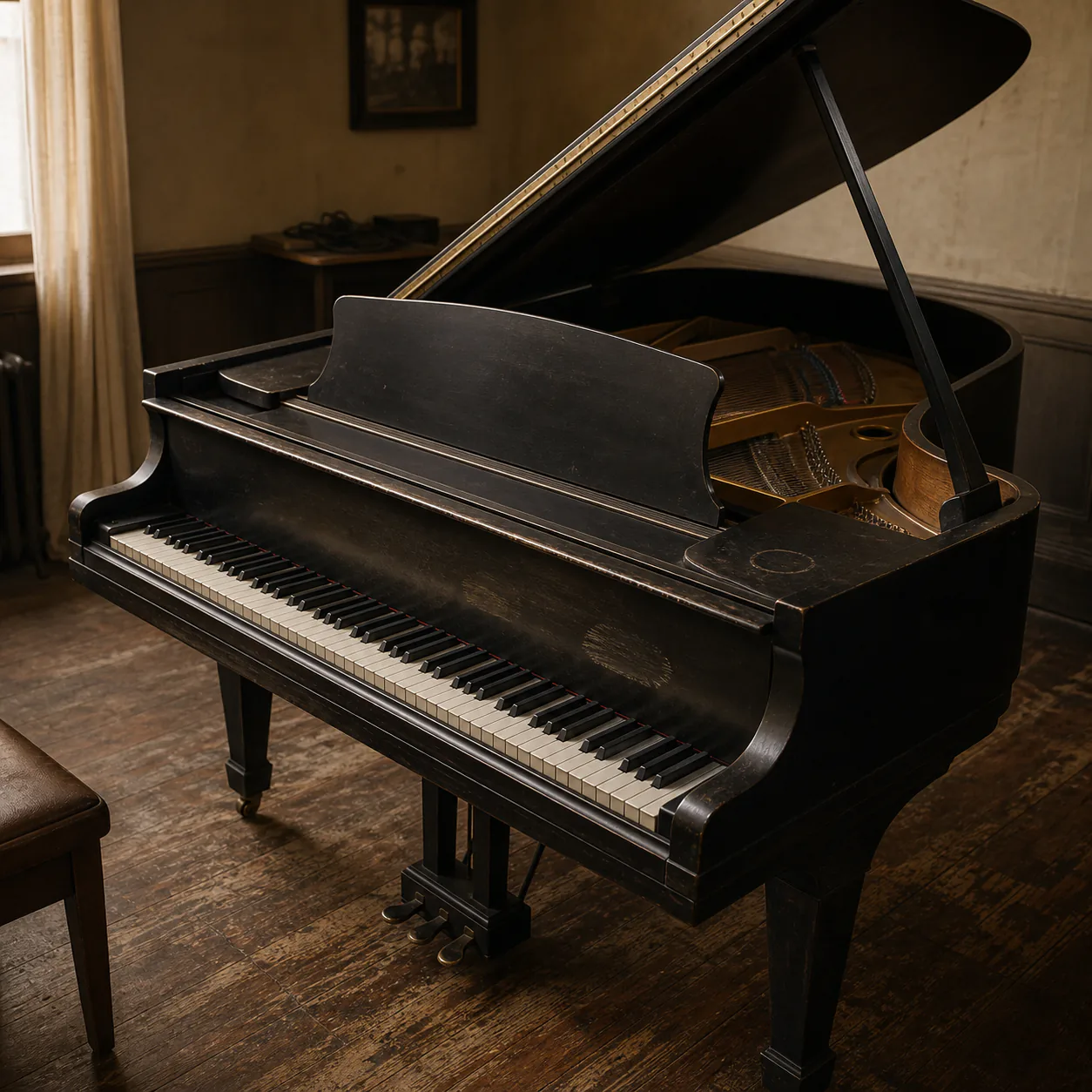 Editorial interpretation of a worn satin-black grand piano with its lid at half stick in an empty rehearsal room