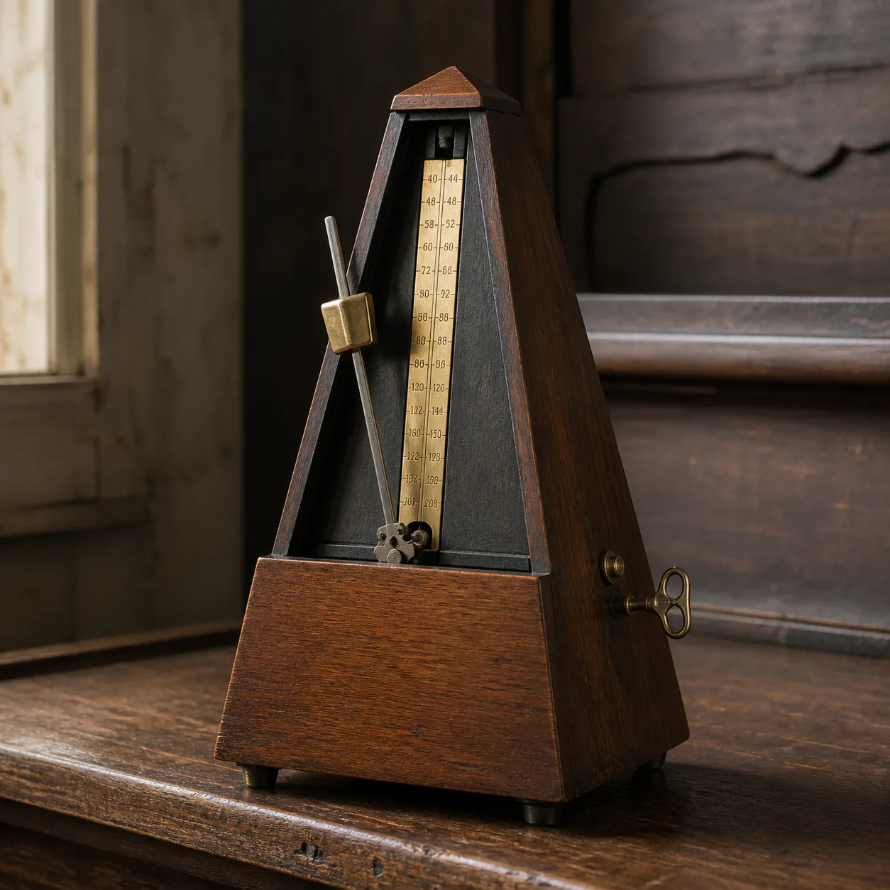 Editorial interpretation of a traditional key-wound wooden pyramid metronome with a slightly off-true pendulum