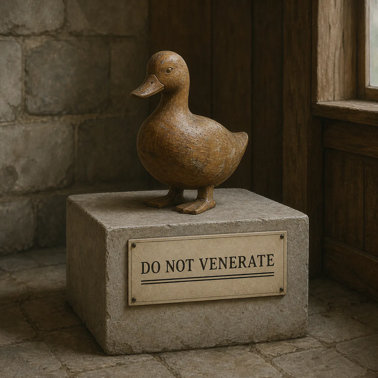 Editorial interpretation of an ordinary carved wooden duck on a stone plinth labelled DO NOT VENERATE with the warning underlined twice