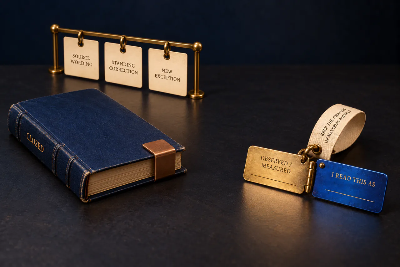On a dark reading table, a midnight-blue folio lies fully closed under a copper clasp; its spine reads CLOSED. Behind and separate from it, three cream cards hang from a brass rail and read SOURCE WORDING, STANDING CORRECTION, and NEW EXCEPTION. At right, a brass tag reading OBSERVED / MEASURED is joined by a visible hinge to a cobalt tag reading I READ THIS AS. Each has a blank line. A cream freight loop above them reads KEEP THE CHANGE OF MATERIAL AUDIBLE.