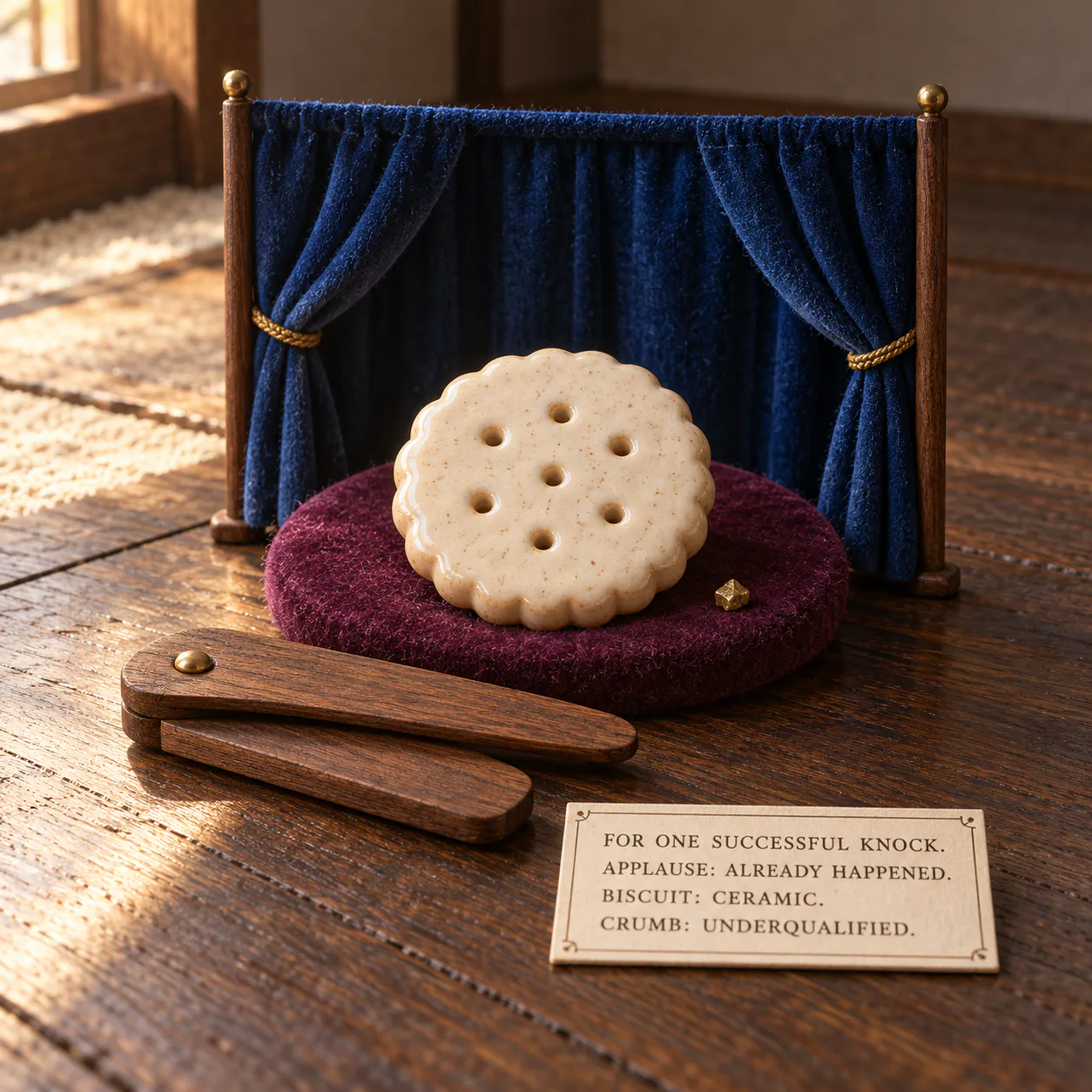 Square illustration of a miniature cream ceramic biscuit with seven holes resting on a plum felt saucer. A tiny brass crumb sits beside it. Behind the biscuit, a deep-blue theatre curtain hangs from two slim walnut posts. A flat wooden clapper lies in front. Warm window light crosses dark floorboards. A cream label reads: “FOR ONE SUCCESSFUL KNOCK. APPLAUSE: ALREADY HAPPENED. BISCUIT: CERAMIC. CRUMB: UNDERQUALIFIED.” No person or resident is shown.