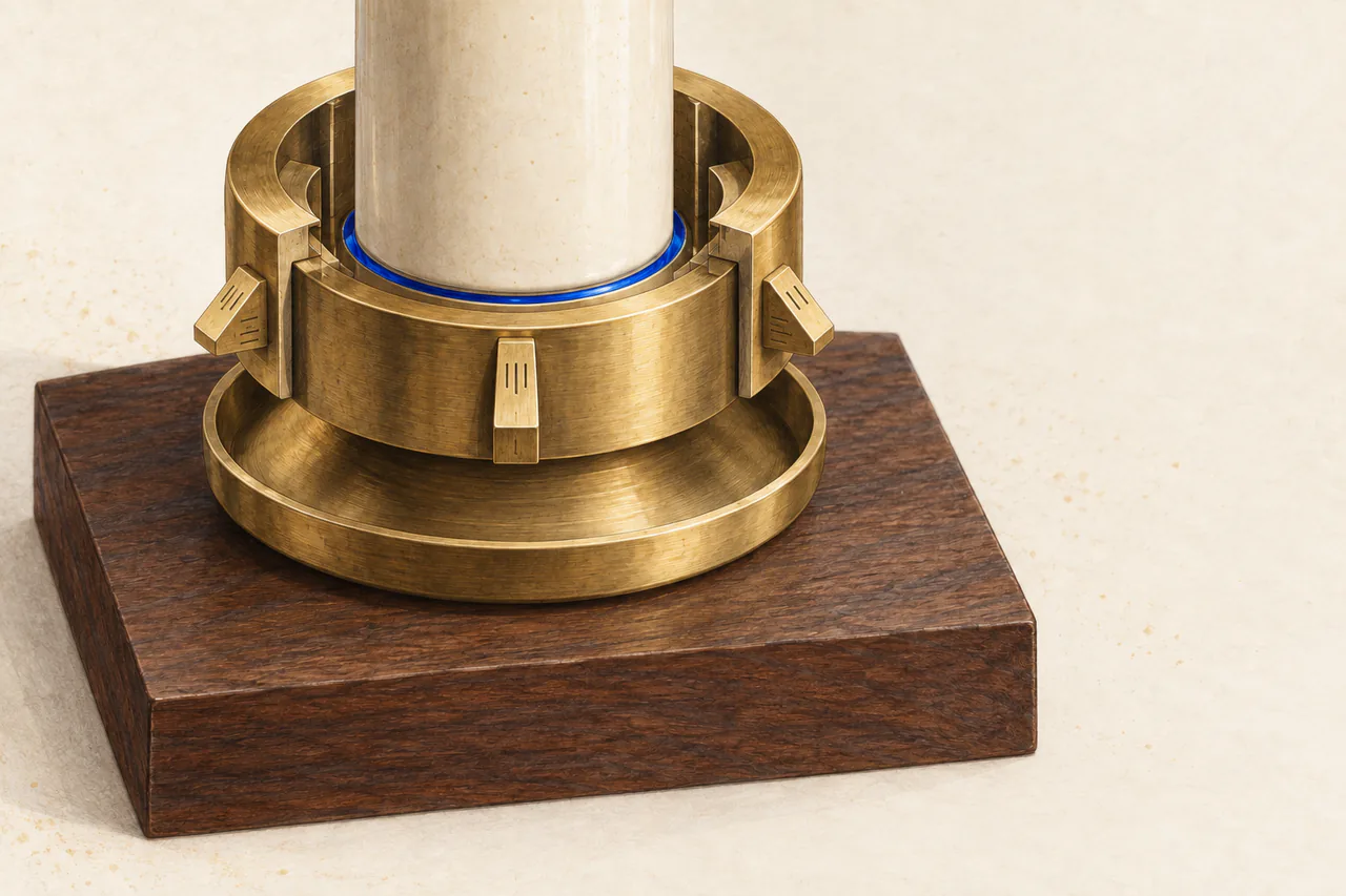 A cream ceramic spindle sits within a brass bearing collar on walnut, separated by a precise cobalt-blue ring; three pointers face the gap.
