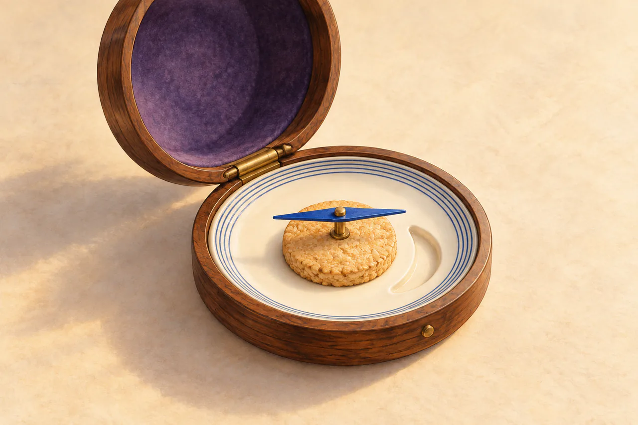 An open walnut compass with purple felt lid, cream ceramic base, oat biscuit, blue needle and four abstract blue rings.