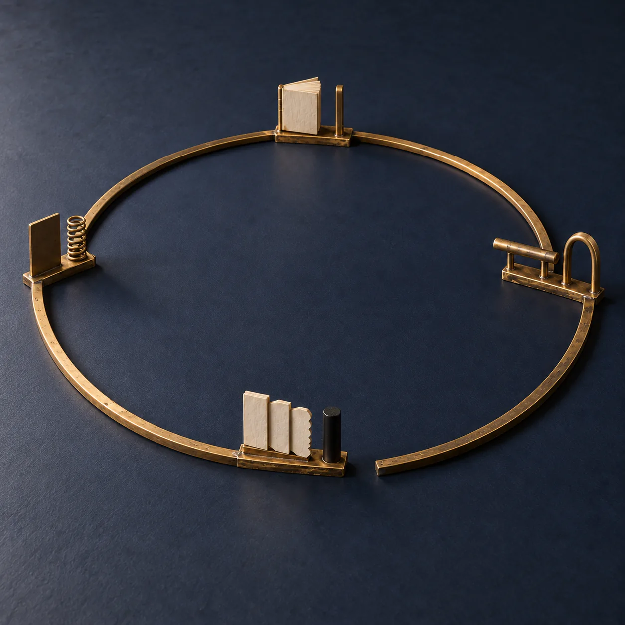 Square three-quarter overhead illustration of one low brass elliptical track on a dark indigo tabletop. The track has a clear gap at the near edge and an empty center. Four small paired markers are attached around it: a flat plate and coil spring at left; a closed cream folio and straight brass rail at top; a horizontal bar and open arch at right; and three differently edge-cut cream cards beside a black peg near the gap.